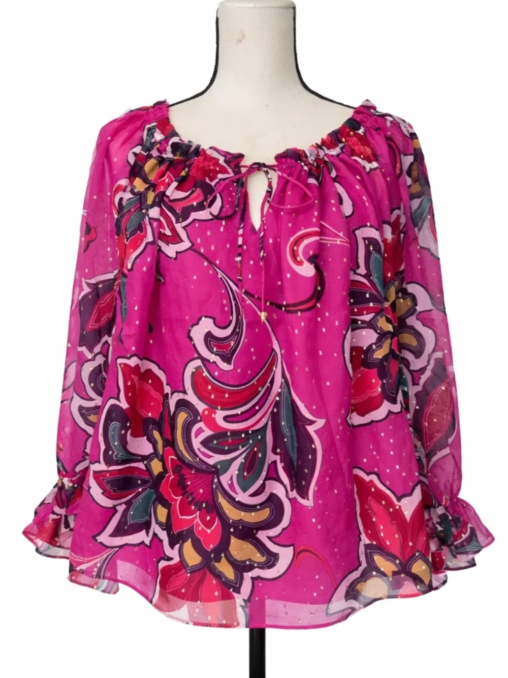Trina Turk Bright Fuchsia Floral Silk Off-Shoulder Blouse - Picture 2 of 6